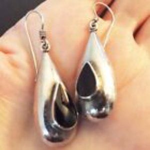 FAS STERLING SILVER LONG TEARDROP W/ INLAY BLACK JET EARRINGS 55